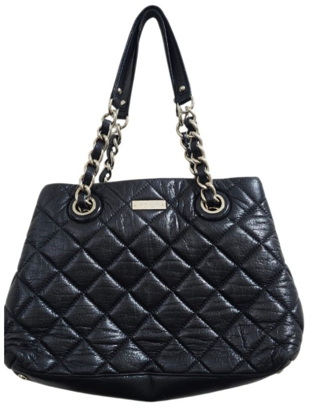 Kate Spade New York Black Quilted Leather Chain Shoulder Tote Bag Gold Tone - Picture 2 of 13